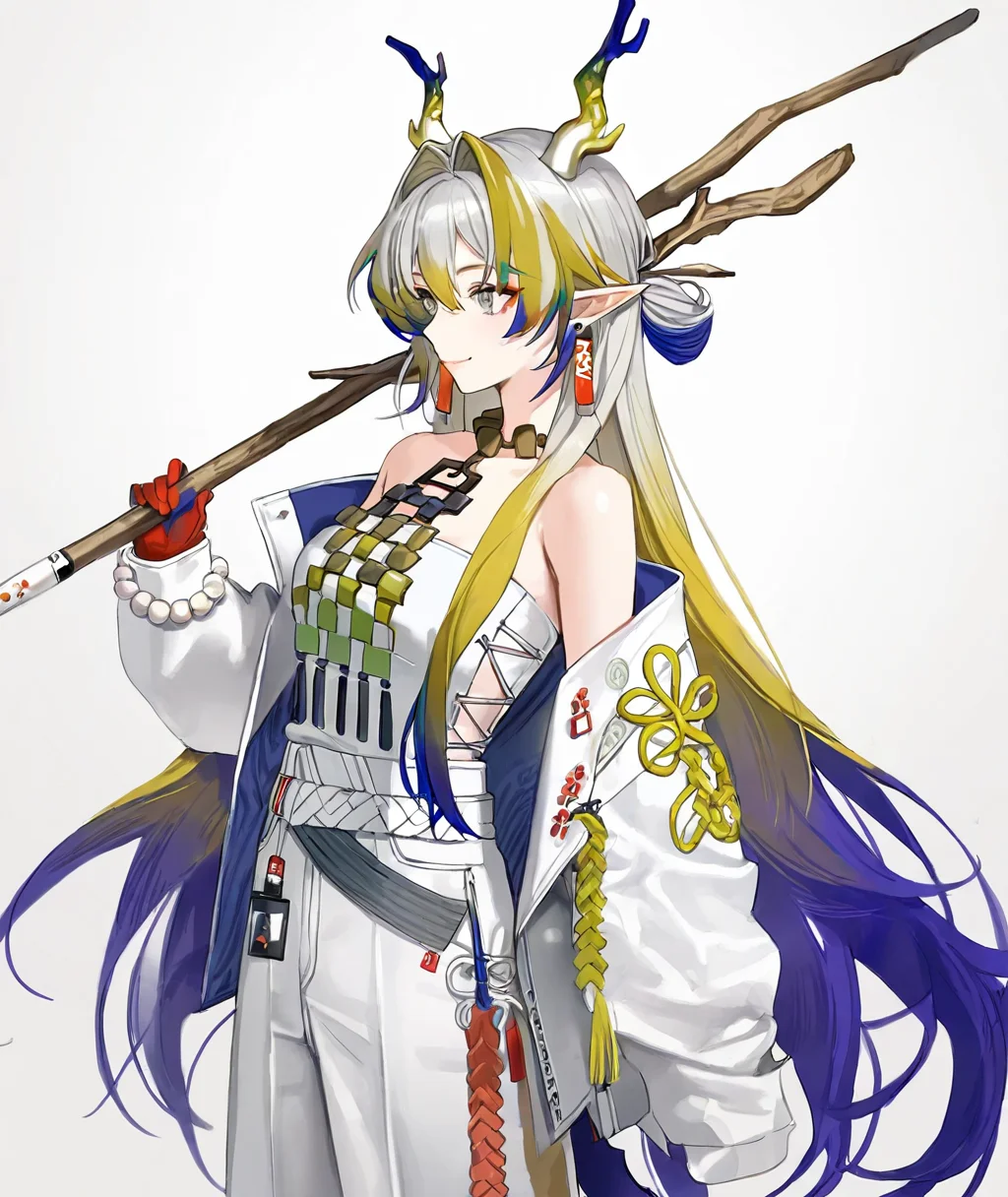 shu \(arknights\), 1girl, emyo,(ciloranko:0.3),(ramanda:0.2),chyoel,zuizi,realistic skin,film grain,light and shadow contrast,
bare shoulders, belt, blonde hair, closed mouth, colored extremities, cowboy shot, dragon girl, dragon horns, earrings, eyes visible through hair, grey background, grey eyes, hair between eyes, hair intakes, holding, horns, jacket, jewelry, long hair, looking to the side, multicolored hair, necklace, off shoulder, pants, pointy ears, purple hair, sleeves past wrists, smile, solo, standing, strapless, tube top, turning head, very long hair, white belt, white hair, white jacket, white pants, white tube top
sensitive,best quality, masterpiece,
<lora:hk416_nb:0.0>