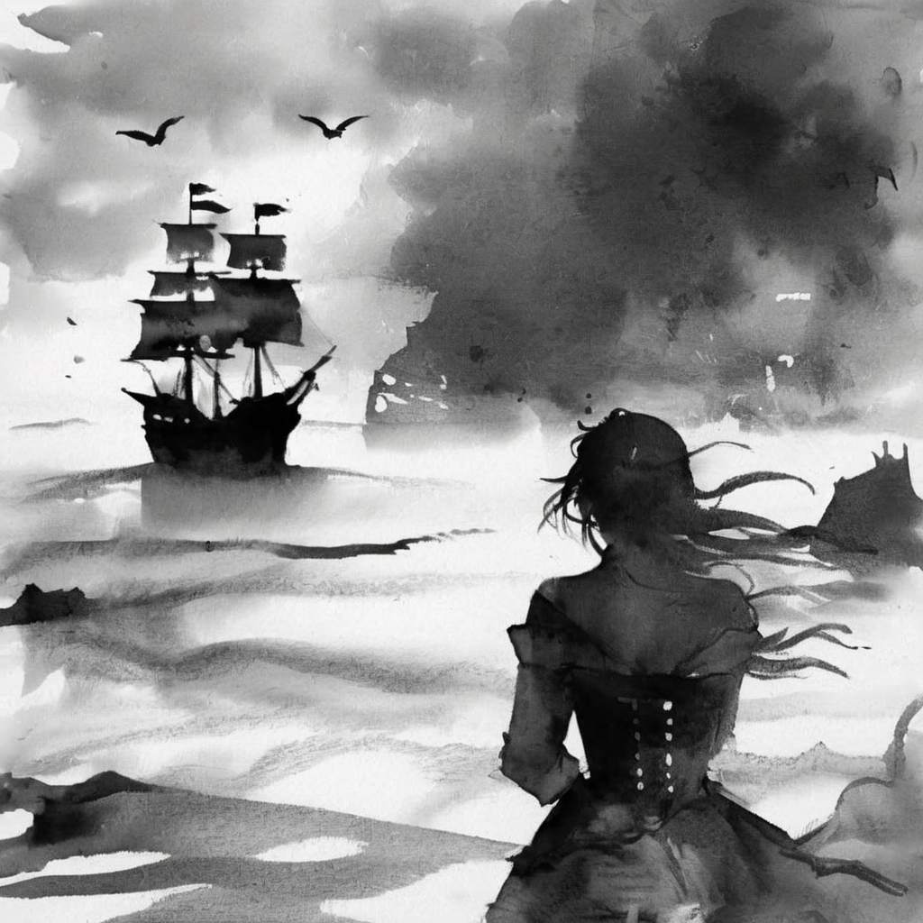 drawix22 pirate girl in the background of the sea and a pirate ship<lora:drawix22:1>