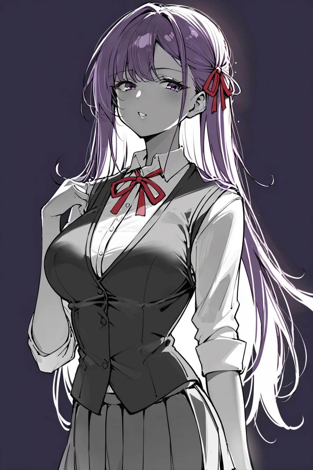 score_9, score_8_up, score_7_up, matou sakura, breasts, brown vest, collared shirt, hair ribbon, homurahara academy school uniform, large breasts, long hair, neck ribbon, purple eyes, purple hair, red ribbon, ribbon, school uniform, shirt, vest, white shirt, solo, solo focus, full body, simple background, black background, monochrome, greyscale, dark Standing with one foot in front, posing sideways., spot color, <lora:dblack:1>