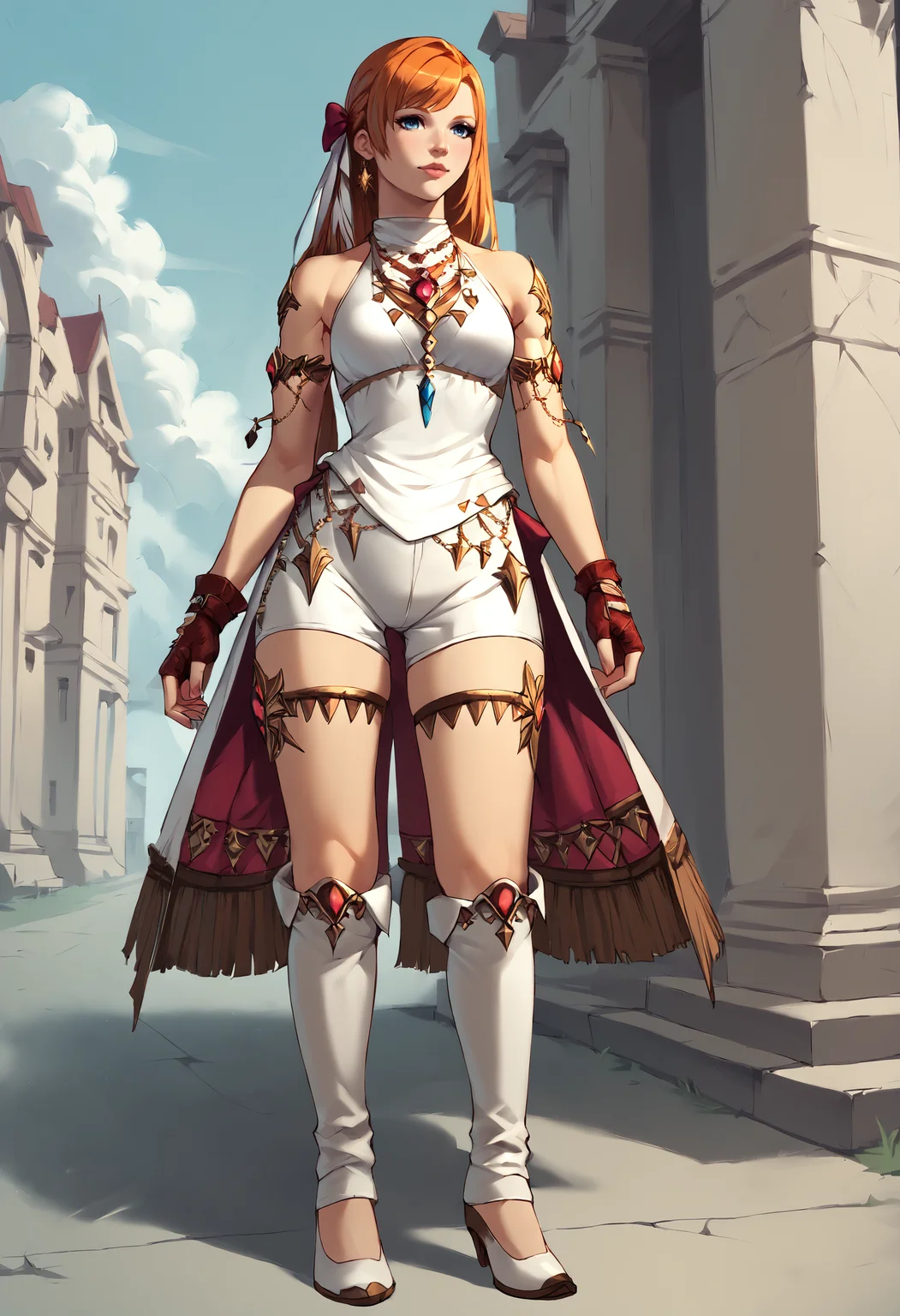 score_9, score_8_up, score_7_up,  zPDXL2,
BREAK etoile dancer,bare shoulders, fingerless gloves, jewelry, fringe trim, shorts, bow, hair ornament, white ribbon,  hair ribbon, armlet, thigh strap, dancer heels, high heels, dancer skirt, white boots, (white clothing:1.5) <lora:Etoile_Dancer:1> ,
BREAK    <lora:ryne-pdxl-nvwls-v1:.8> ryne, orange hair, blue eyes,