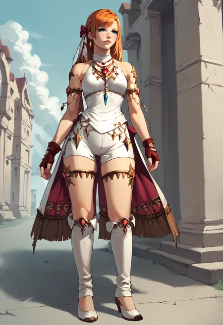 score_9, score_8_up, score_7_up,  zPDXL2,
BREAK etoile dancer,bare shoulders, fingerless gloves, jewelry, fringe trim, shorts, bow, hair ornament, white ribbon,  hair ribbon, armlet, thigh strap, dancer heels, high heels, dancer skirt, white boots, (white clothing:1.5) <lora:Etoile_Dancer:1> ,
BREAK    <lora:ryne-pdxl-nvwls-v1:.8> ryne, orange hair, blue eyes,