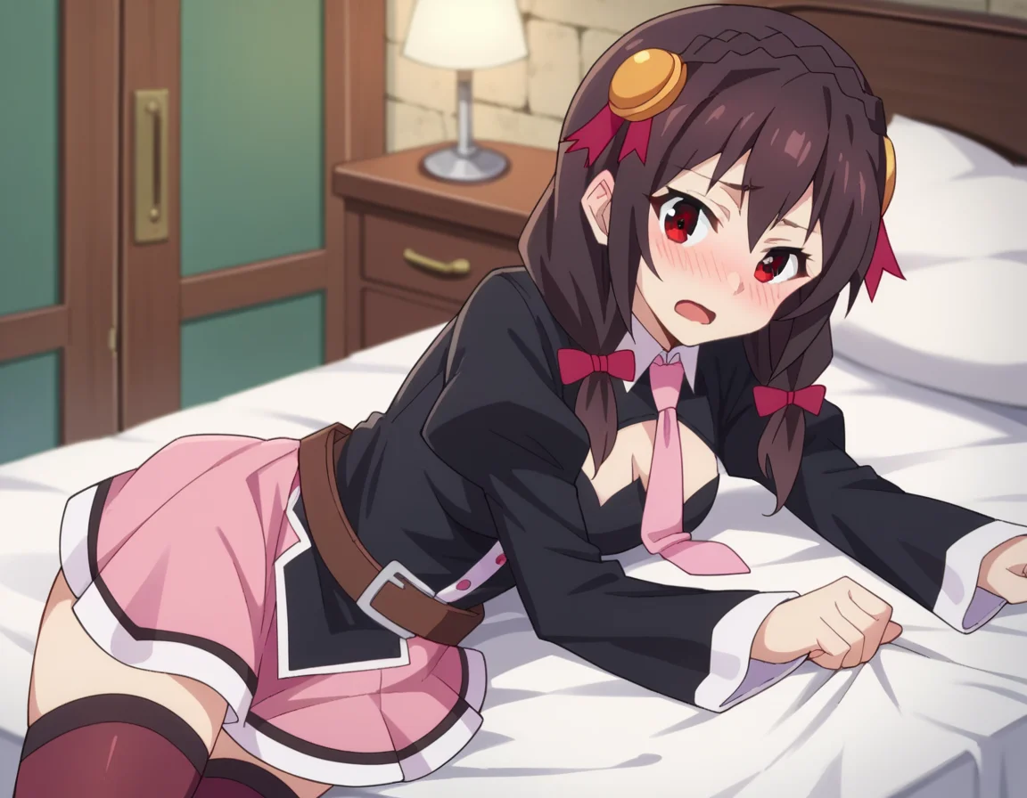 score_9, score_8_up, score_7_up, source_anime,
yunyun, <lora:konosuba-yunyun-s1s2-ponyxl-lora-nochekaiser:1>
yunyun, black hair, hair ornament, red eyes, bow, braid, crown braid,
skirt, thighhighs, long sleeves, necktie, belt, clothing cutout, cleavage cutout, pink skirt, pink necktie,
indoors, bed, bed room, on side, blush, drunk,
looking at viewer, dutch angle, cowboy shot,