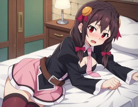 score_9, score_8_up, score_7_up, source_anime,
yunyun, <lora:konosuba-yunyun-s1s2-ponyxl-lora-nochekaiser:1>
yunyun, black hair, hair ornament, red eyes, bow, braid, crown braid,
skirt, thighhighs, long sleeves, necktie, belt, clothing cutout, cleavage cutout, pink skirt, pink necktie,
indoors, bed, bed room, on side, blush, drunk,
looking at viewer, dutch angle, cowboy shot,