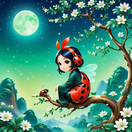 Sinoink, score_9, score_8_up, score_7_up, score_6_up, 1girl, chibi, anthro ladybug, sitting on flowery tree branch , made out ofjade, , fresh, refreshing iridiscent, night sky, magical orchard , bokeh,