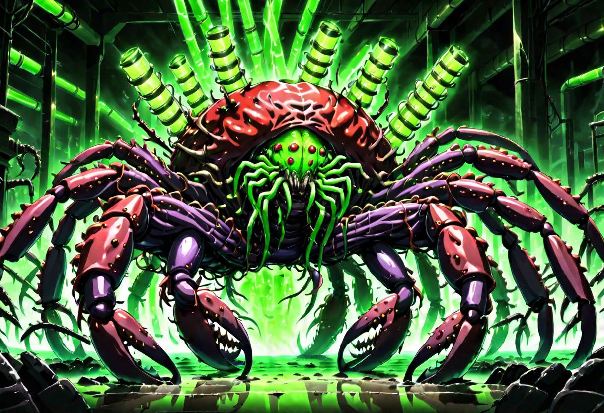 masterpiece,best quality,anime screencap,scene from hellsing, a cybermutant crab covered in glowing green tubes