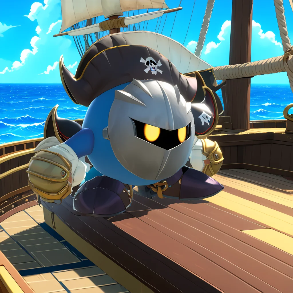 MetaknightXL, yellow eyes, pirate outfit sailing on boat<lora:MetaknightXL:1.1>, jolly roger, tricorner hat, (anime, masterpiece, intricate:1.3), (best quality, hires textures, high detail:1.2), (4k),(incredibly detailed:1.4),UHD, 8K, ultra detailed