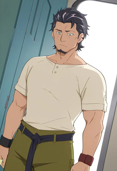 score_9, score_8_up, score_7_up, score_6_up, perfect anatomy, perfect proportions, best quality, masterpiece, high_resolution, high quality, best aesthetic, incredibly absurdres, highres, extremely detailed, huge filesize, solo male, adult, mature, masculine, manly, handsome, charming, alluring, standing, upper body, dutch angle, cowboy shot, source_anime \(Deca Dence\), anime coloring \(Deca Dence\), Kaburagi \(Deca Dence\), DDKaburagi, black hair, grey hair streak, multicolored hair, hair slicked back, facial hair, goatee, green eyes, sanpaku, constricted pupils, eyebrow slit, scar, DDKaburagi_outfit02, white shirt, wide necked shirt, short-sleeved shirt, sleeves tucked up and buttoned, shirt tucked-in, olive work pants, wide pants, black tied belt, tied belt, left leather bracelet, brown boots,