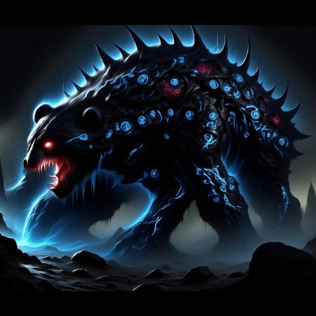 A towering, terrifying black bear emerges from the shadows, its hulking form cloaked in darkness. Muscles ripple beneath its coarse, matted fur, exuding an aura of unstoppable power. Its claws, sharp as razors and gleaming in the dim light, look capable of rending through steel with ease. The bear's maw opens to reveal jagged, blood-stained teeth, each one a lethal weapon in its own right. A low growl emanates from deep within its throat, causing the ground to tremble beneath its feet. Saliva drips from its snarling lips, each drop hissing as it hits the ground, adding to the bear's monstrous, nightmarish presence. Glowing magical runes Cover its body