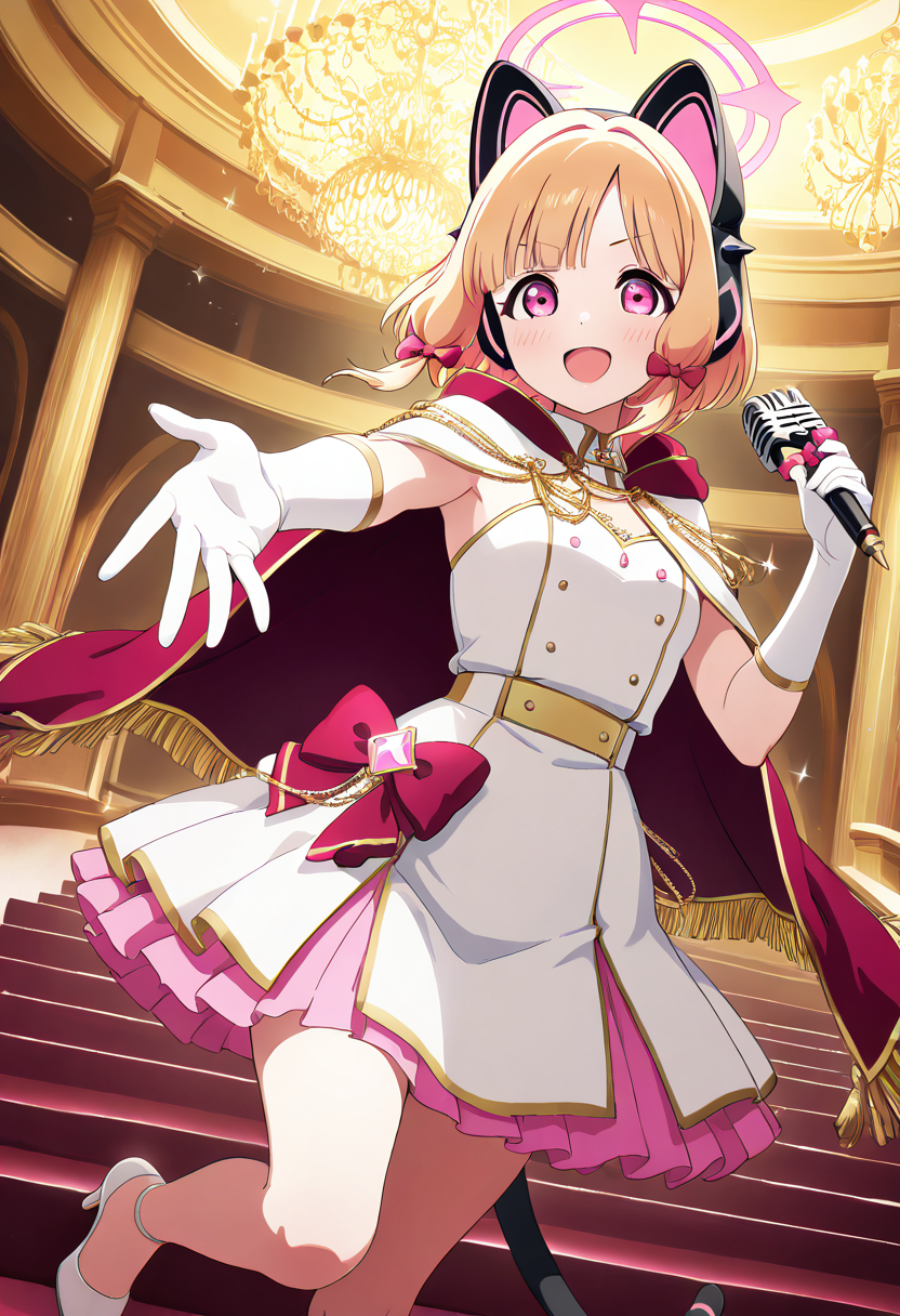 masterpiece, best quality, solo, curvy, beautiful eyes, narrow waist, wide hips, 1girl, solo, smile, looking at viewer, dynamic angle, foreshortening, close up,     zzMomoi, blonde hair, animal ears, fake animal ears, animal ear headphones, headphones, short hair, bow, halo, cat ear headphones, hair bow, red bow, pink eyes, pink halo,  ,<lora:MomoiBlueArchiveIXL:0.8>,[Glamorous Idol Diva], <lora:LoveLiveSchoolIdolFestivalAllStarsNAI:0.5>, glittering red evening gown with a thigh-high slit, sheer chiffon cape flowing behind, sparkling diamond earrings, dramatic false lashes, stiletto heels with gold accents, standing under a luxurious chandelier in a grand hall, holding a microphone with an air of confidence,