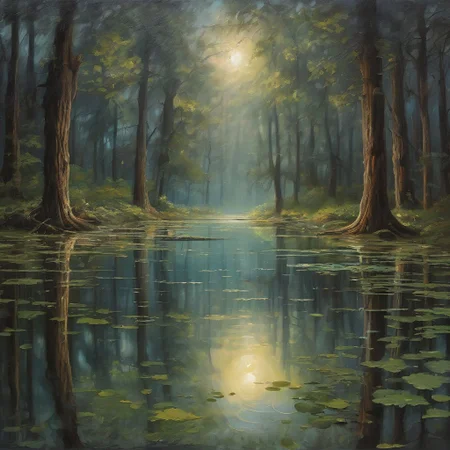 rain drop with reflection of a magical forest, refelction in reflection in a crystal-clear pond, shimmering under the light of the full moon, casting a mystical glow over the serene scene, illuminating the surrounding trees with an ethereal light, creating a dream-like atmosphere that transports the viewer to another world.