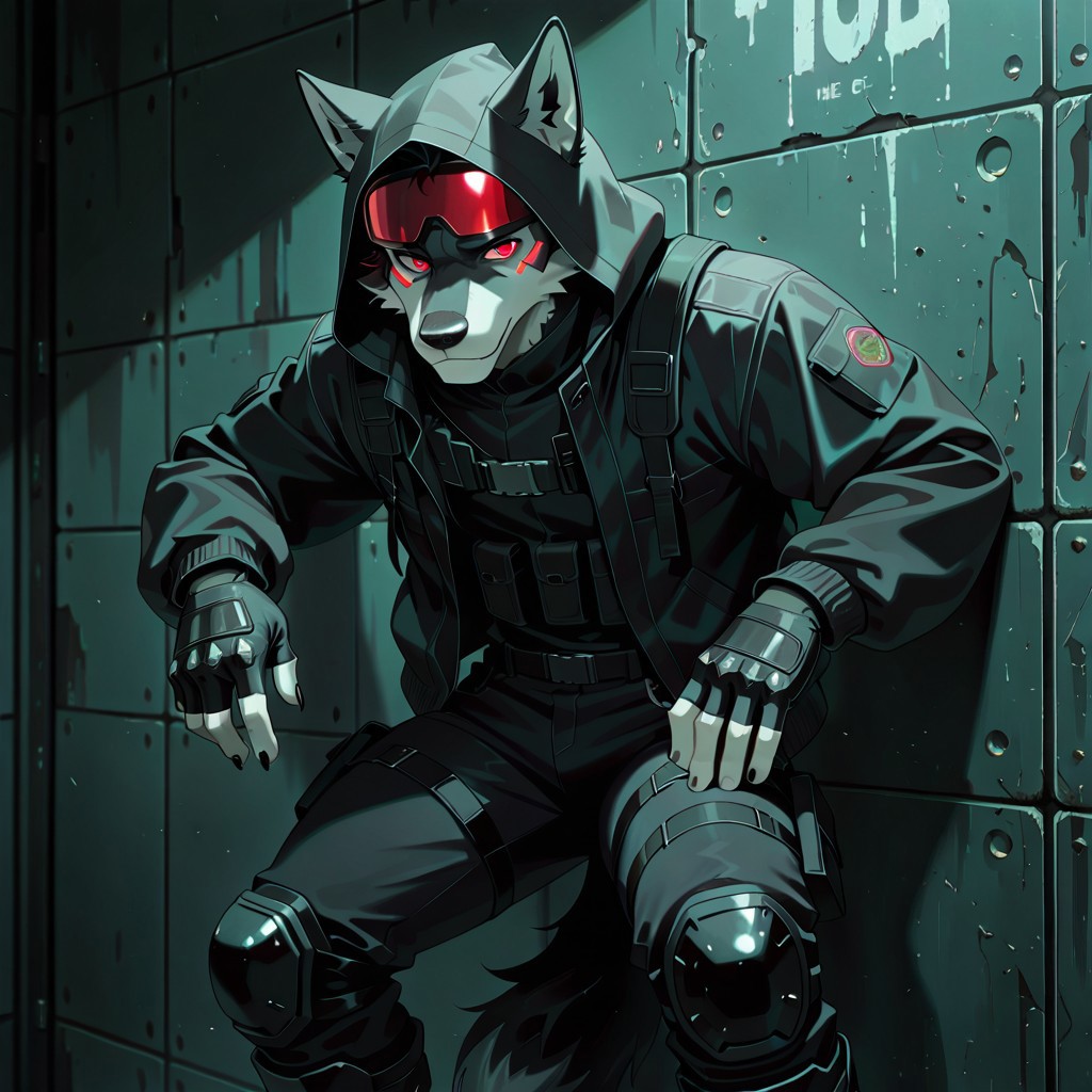 masterpiece, best quality, newest, absurdres, highres, 2024, 2023, perfect eyes, amazing quality, (male, anthro : 1.4),  (  )
BREAK 
( muscle, :1.1)), (1boy, solo ,(male only) anthro, )
BREAK 
(male:  black wolf , red eyes, black and white furr), tactical boots, black jeans, tactical lightweight off-season hooded jacket, ski goggles, knee pads and greaves, fingerless gloves. The style of clothing is sci-fi and cyberpunk, face to the viewer, standing relaxed against the wall leaning