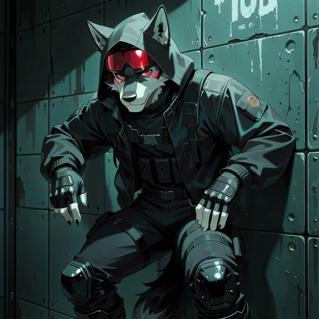 masterpiece, best quality, newest, absurdres, highres, 2024, 2023, perfect eyes, amazing quality, (male, anthro : 1.4), ( )
BREAK
( muscle, :1.1)), (1boy, solo ,(male only) anthro, )
BREAK
(male: black wolf , red eyes, black and white furr), tactical boots, black jeans, tactical lightweight off-season hooded jacket, ski goggles, knee pads and greaves, fingerless gloves. The style of clothing is sci-fi and cyberpunk, face to the viewer, standing relaxed against the wall leaning