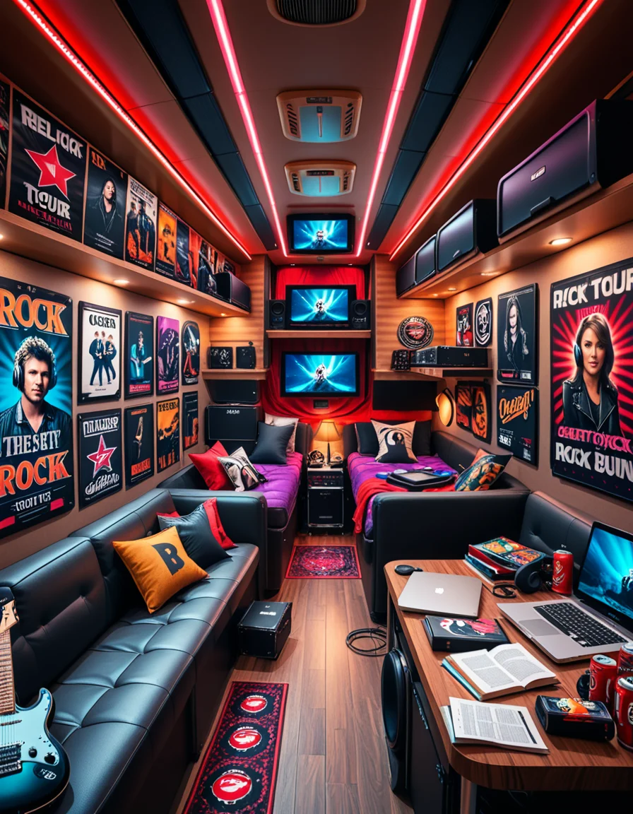The interior of a modern RV customized for a rock band on tour. The space is stylish and lived-in, filled with musical gear like guitar cases, amps, and a drum pad. Posters of famous rock bands and tour memorabilia cover the walls. There are leather couches, a small kitchenette with snacks and energy drinks, and a cluttered table with laptops, cables, and setlists. A narrow hallway leads to sleeping bunks with personal items like headphones, books, and clothes tossed around. The lighting is warm with LED strips in red and purple tones, giving it a cozy but edgy atmosphere. A small TV displays concert footage, and speakers are mounted on the ceiling. The whole scene feels energetic, artistic, and chaotic in a creative way. Realistic style, rich colors, and highly detailed environment.
<lora:SDXLFaeTastic2400:0.4> <lora:extremely_detailed:0.4> extremely detailed <lora:r0ck_b4nd_rv:1>r0ck b4nd rv, Masterpiece,best quality,hi res,8k,hi res,8k,award winning,(sharp focus, intricate, highly detailed),