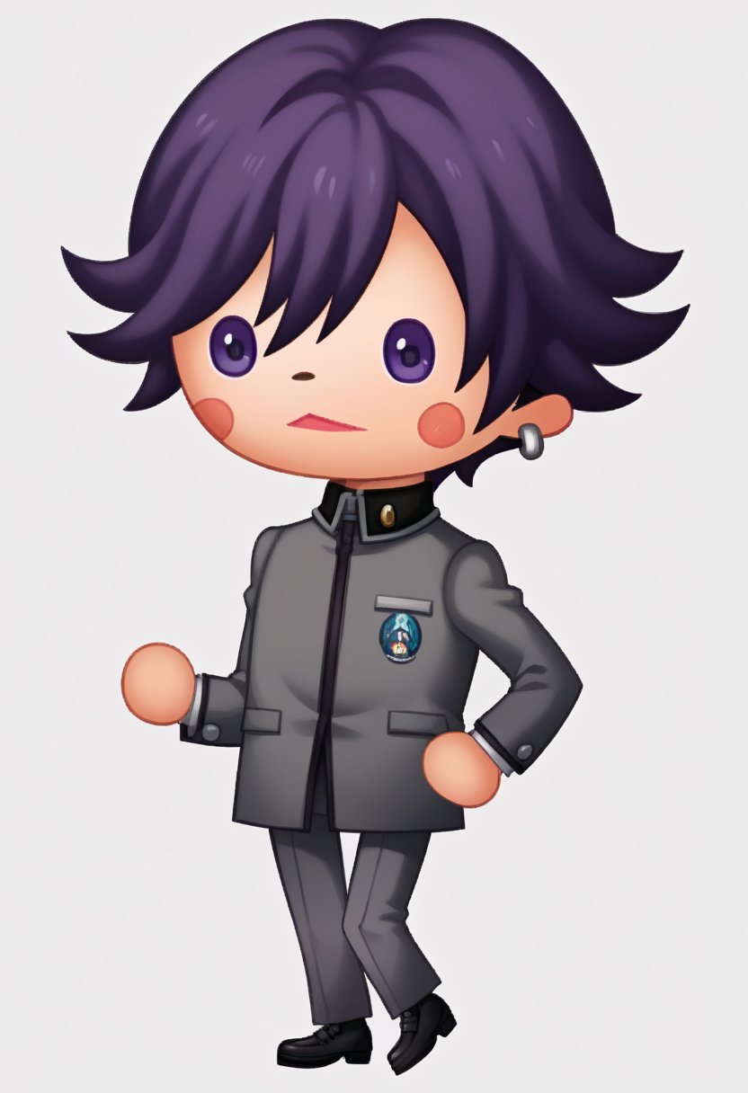 score_9, score_8_up, score_7_up, source_anime BREAK 1boy, solo,
<lora:zs_TheatrhythmStyleXL_1:1> theatrhythmstyle, chibi, white background, full body
 <lora:-pdxl_Fp:1> naoyap1, school uniform, purple eyes, grey pants, single earring, emblem
