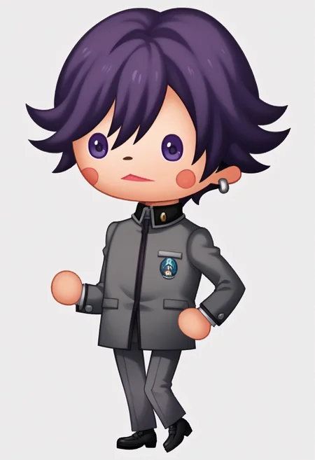 score_9, score_8_up, score_7_up, source_anime BREAK 1boy, solo,
<lora:zs_TheatrhythmStyleXL_1:1> theatrhythmstyle, chibi, white background, full body
 <lora:-pdxl_Fp:1> naoyap1, school uniform, purple eyes, grey pants, single earring, emblem