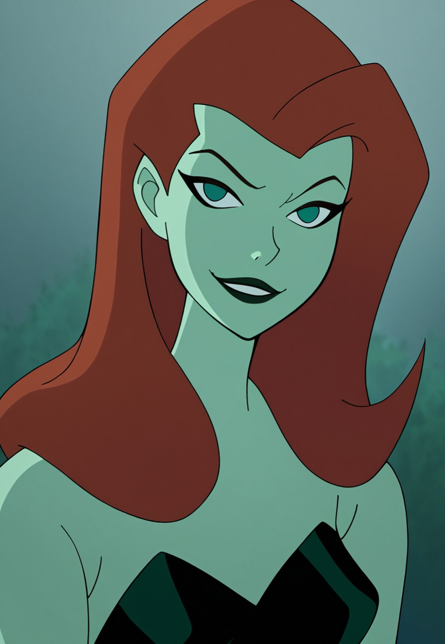 score_9_up, score_8_up, score_7_up, <lora:Harley_quinn_and_Poison_ivy_PDXL:1>, poison ivy, ginger hair, long hair, makeup, green skin, poison ivy classic costume, looking at viewer, smug, portrait, face focus, solo, best quality, high quality
