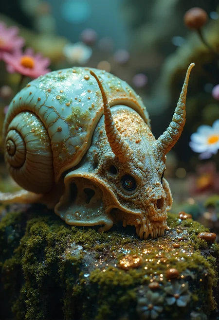 A close up of a snail with a human skull shell, mossy, flowers, colorful, sparkling <lora:FluxDFaeTasticDetails.safetensors:1.0>,