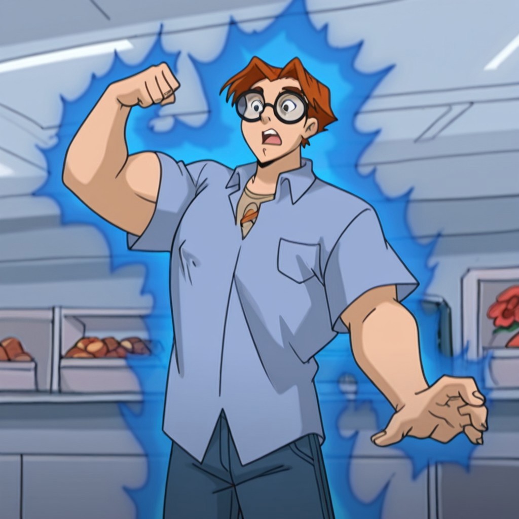 masterpiece, best quality, absurdres, newest, perfect quality, detailed background, intricate details, (((1boy, Human_Larry, auburn hair, pointed bangs, round glasses, light blue collared shirt, baggy tan shirt, jeans))) male, Uneven pec growth, Uneven hyper arm growth, surprised expression, flexing arm, red flower, blue energy aura, comic store background