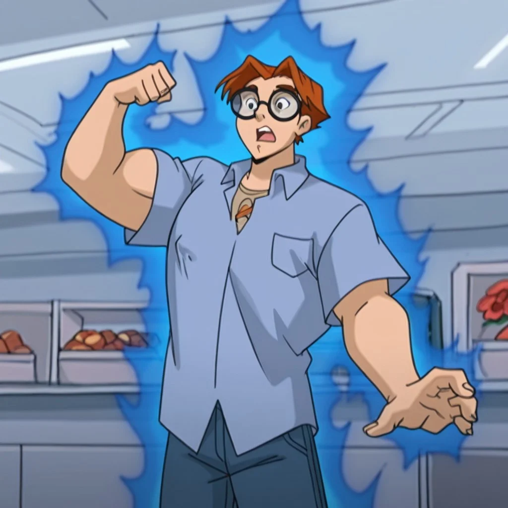 masterpiece, best quality, absurdres, newest, perfect quality, detailed background, intricate details, (((1boy, Human_Larry, auburn hair, pointed bangs, round glasses, light blue collared shirt, baggy tan shirt, jeans))) male, Uneven pec growth, Uneven hyper arm growth, surprised expression, flexing arm, red flower, blue energy aura, comic store background
