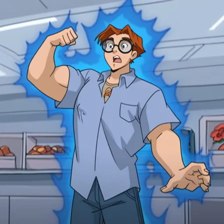 masterpiece, best quality, absurdres, newest, perfect quality, detailed background, intricate details, (((1boy, Human_Larry, auburn hair, pointed bangs, round glasses, light blue collared shirt, baggy tan shirt, jeans))) male, Uneven pec growth, Uneven hyper arm growth, surprised expression, flexing arm, red flower, blue energy aura, comic store background