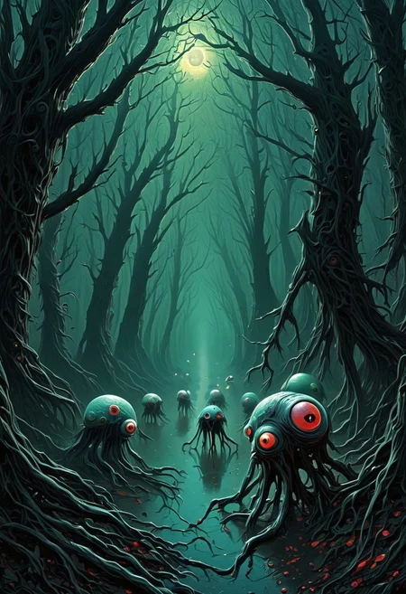 A surreal collage of four eerie, otherworldly scenes, each featuring strange little creatures in unsettling environments. The first panel depicts two grotesque, insectoid creatures with elongated limbs and glowing eyes creeping through a misty, overgrown swamp. Their translucent skin reveals shifting organs, while twisted trees seem to breathe, and an eerie fog pulses with unnatural light.

The second panel showcases a glowing cavern where hunched, multi-eyed creatures with too many limbs cling to the walls. Their bodies flicker between solid and shadow, while pools of luminous liquid reflect distorted shapes that do not match the creatures above them.

In the third panel, a dimly lit, endless bazaar stretches into the void, lined with strange, malformed vendors selling surreal and shifting objects. The small, eerie creatures with elongated fingers and asymmetrical grins barter in whispers, their voices blending into a rhythmic, hypnotic hum.

The final panel reveals a dark forest filled with towering, ancient trees covered in pulsing, organic eyes. Tiny, chittering beings with spindly legs and featureless faces crawl between massive roots, while a cracked and bleeding moon looms overhead, casting a haunting glow.

The collage features a blend of bold, surreal colors and deep shadows, creating an unsettling, dreamlike aesthetic. Each panel offers a glimpse into a hidden, forbidden world, evoking both curiosity and dread.