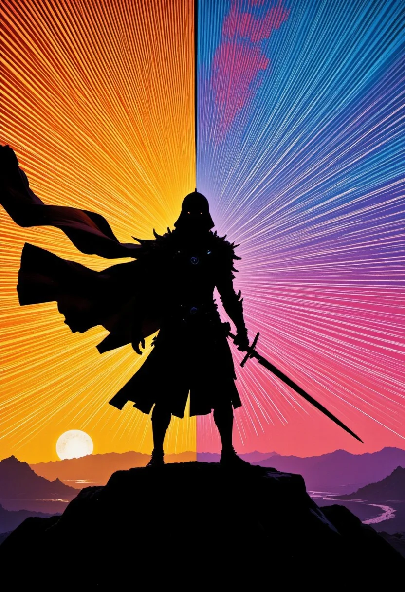 M100-style, dark style pop surrealism, Pop Art, minimalism, Closeup Portrait, An Abstract surreal DARK blue and Brown colored simple painted eternal armored feudal fsstyle Knight Silhouette with long vibrant billowing spectral Gradient cape throughout the frame, Holding a weapon resembling black Hole, black skin, otherworldy shoulder armor, made of lines, vertical lines, ying/Yang backdrop, horizontal lines, Portrait Made of intertwining lines, weaving over and under each other throughout the frame, emphasis effect, moire effect, awash in Low Toned yellow and Grey shades, seamlessly extends the lines, Action Scene, Motion lines, Monochrome with color, retro scan of 80s-anime-ai spectral neon Gradient ascii_art, a 80s Sci-fi Ethereal. Dark space, 80`s sci-fi book artwork, lofi, grainy, vintage An Photo in Upper third Style where the Main content of the Image is a extreme Closeup Silhouette of a armored Ninja in fight stance infront a Low Key sunrise and the lower Part IS the DARK deep desolate cliff, the Image is Split in two parts where a DARK to bright Gradient is seen