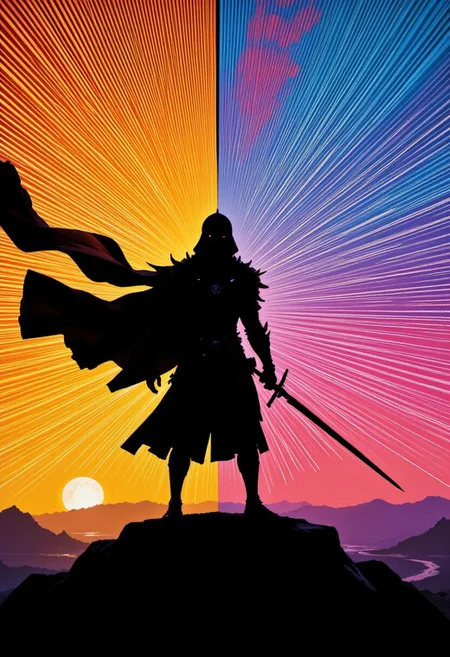 M100-style, dark style pop surrealism, Pop Art, minimalism, Closeup Portrait, An Abstract surreal DARK blue and Brown colored simple painted eternal armored feudal fsstyle Knight Silhouette with long vibrant billowing spectral Gradient cape throughout the frame, Holding a weapon resembling black Hole, black skin, otherworldy shoulder armor, made of lines, vertical lines, ying/Yang backdrop, horizontal lines, Portrait Made of intertwining lines, weaving over and under each other throughout the frame, emphasis effect, moire effect, awash in Low Toned yellow and Grey shades, seamlessly extends the lines, Action Scene, Motion lines, Monochrome with color, retro scan of 80s-anime-ai spectral neon Gradient ascii_art, a 80s Sci-fi Ethereal. Dark space, 80`s sci-fi book artwork, lofi, grainy, vintage An Photo in Upper third Style where the Main content of the Image is a extreme Closeup Silhouette of a armored Ninja in fight stance infront a Low Key sunrise and the lower Part IS the DARK deep desolate cliff, the Image is Split in two parts where a DARK to bright Gradient is seen