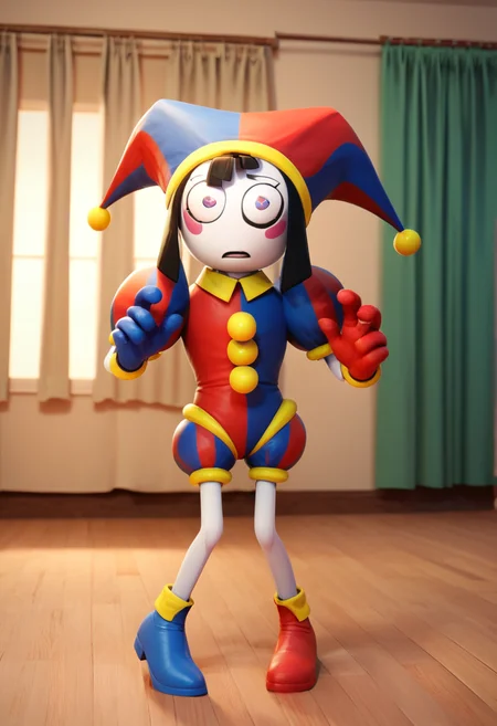 masterpiece,best quality, highly detailed, score_9, score_8_up, score_7_up, score_6_up,<lora:xl_more_art-full_v1:0.8>,
BREAK
<lora:pomniXL:0.8>pomni, jester cap, solo, hat, clown, curtains, gloves, blush stickers, full body, black hair