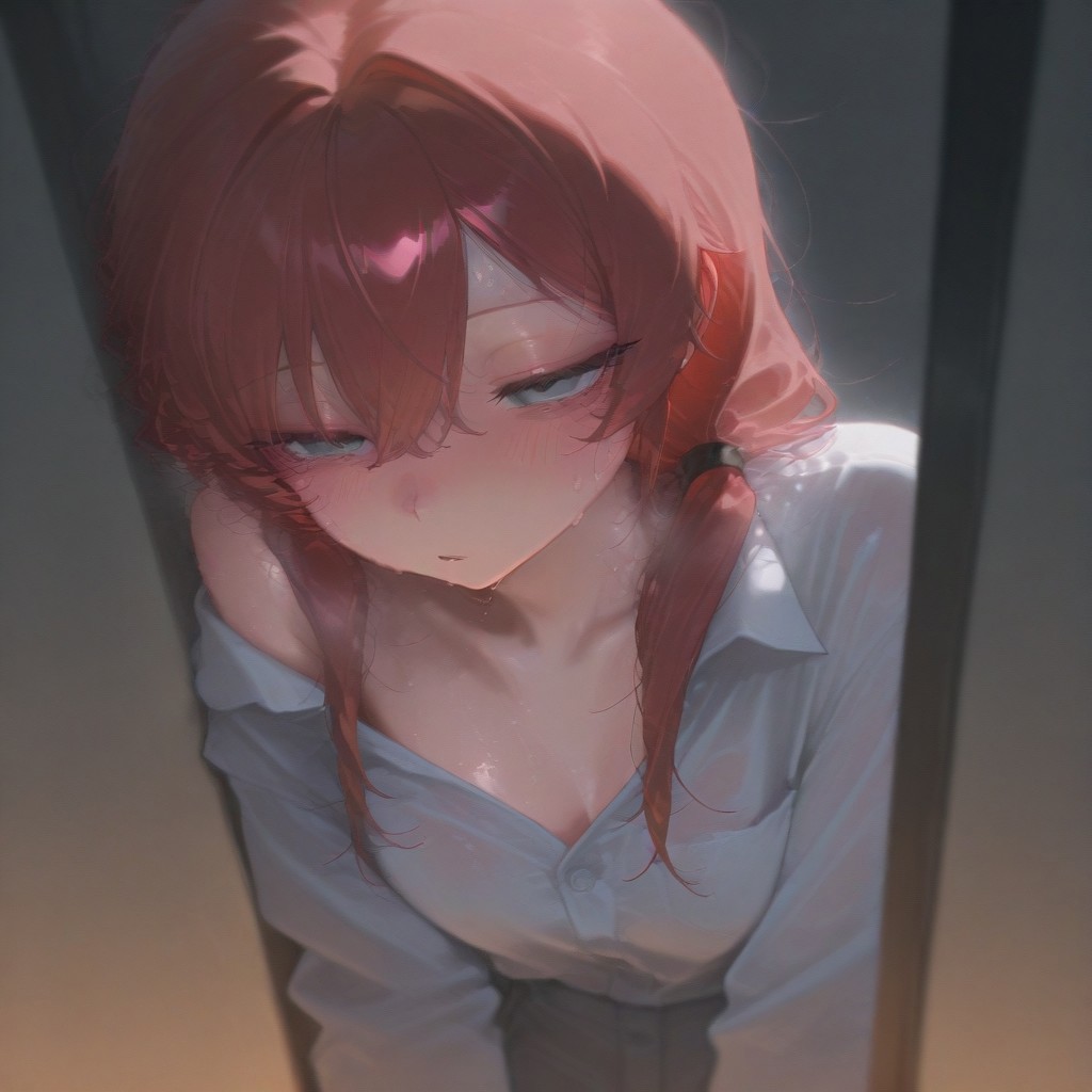 1girl, solo, emotionless, tear, sweat, shameful, blush, masterpiece, opened mouth, sleepy, best quality, pigtail hair, white dress shirt, red hair