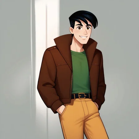score_9, score_8_up, score_7_up BREAK RyanDef, 1boy, black hair, brown eyes, open brown jacket, green undershirt, belt, buckle, yellow pants, gray white shoes, cowboy shot, smiling at viewer,