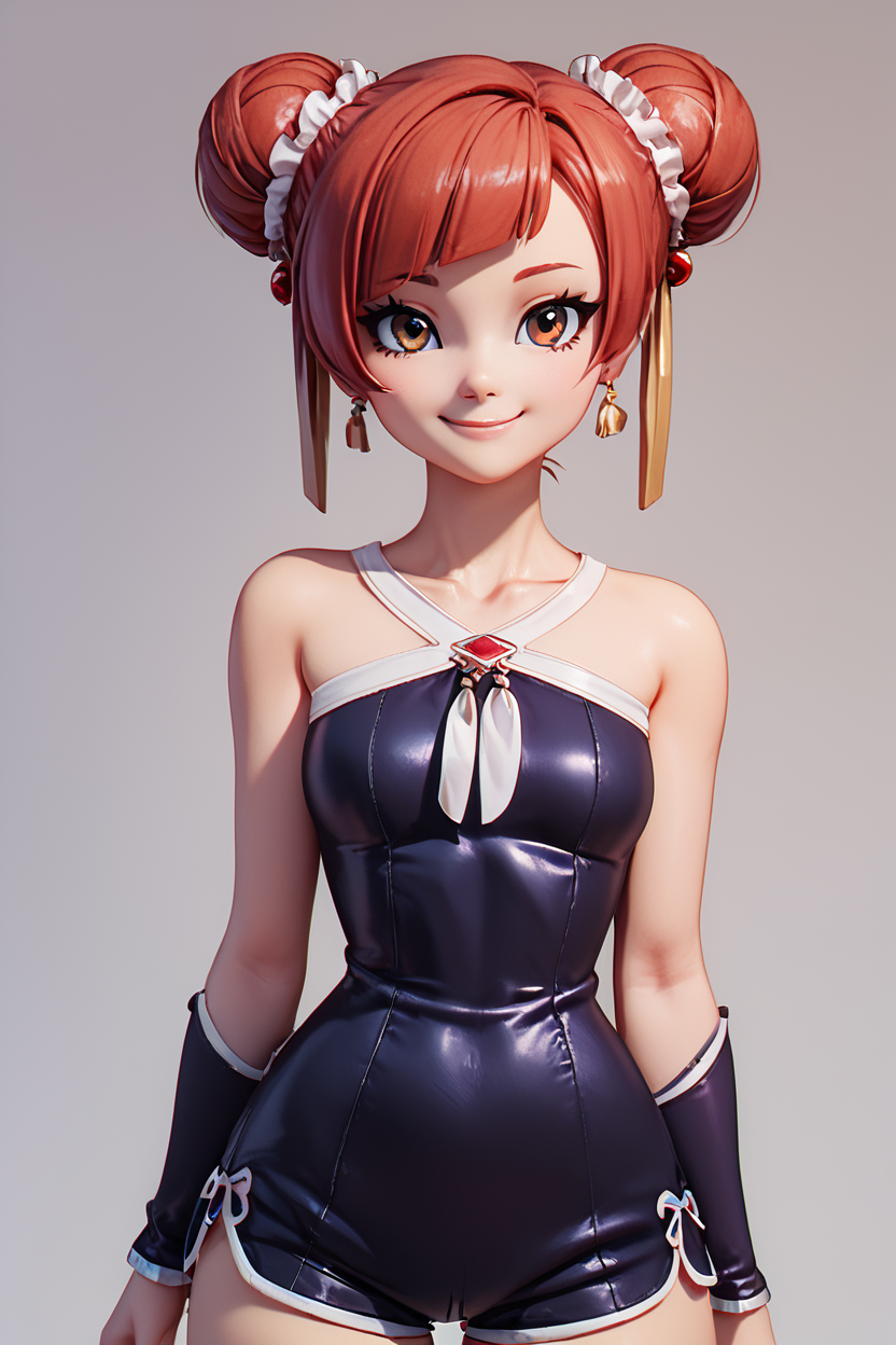 score_9, score_8_up, score_8, medium breasts, (curvy), cute, eyelashes,       BREAK, ,  zzLaufen, hair bun, double bun, red hair, short hair, brown hair, brown eyes, hair ornament, bare shoulders, black dress, collarbone,  <lora:LaufenFrieren_PDXL_v1:0.8>,  , BREAK, (dolphin shorts:1), smile, closed mouth, looking at viewer, cowboy shot, ,,, embedding:zPDXL, Expressiveh, ,,, <lora:BeautifulCAT_PDXL:0.8>, <lora:SDXLFaeTastic2400:0.5>, <lora:Expressive_H-000001:0.4>,