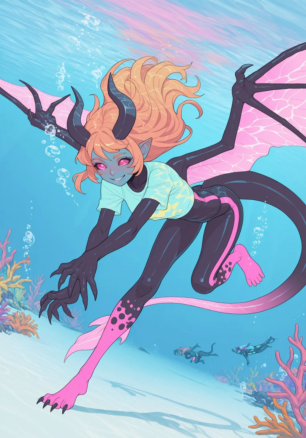 score_up_9, dynamic, colour theory, dynamic lighting, masterpiece, intricate detail, best quality, Hyper Detailed, best quality, colorful, eyesHD, pastel colors
[Break]
orange long hair, horn, pink sclera, claws, tail, pointy ears, wings, tail, chimera cloud meadow, swim suit, crop t shirt, young adult
[Break]
underwater, clear waters, underwater at beach, pink sands
[Break]
Swimming, underwater, smiling, looking around
[Break]
dynamic angle, full body, level view, clean line art, detailed eyes