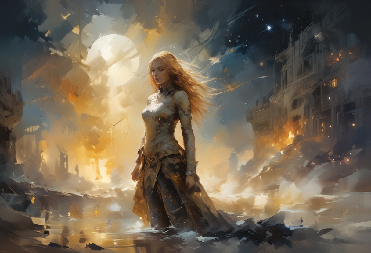 A captivating cosmic scene where Venus emerges from the ocean, waves dancing around her under a golden morning light. In the background, a starry sky serves as a canvas, with vibrant colors blending in space. Venus, shrouded in amber mist, embodies both wrath and beauty, swirling in retrograde around the blazing sun, Sol. Artistic elements suggesting a dynamic and discordant dance float around her. Illuminate this vision of a stellar future, highlighting the connection between the sea and the cosmos, with an ambiance of mystery and universal energy.