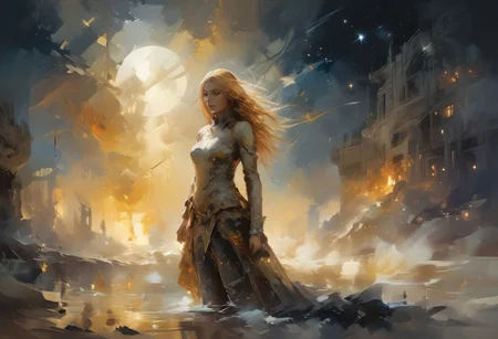 A captivating cosmic scene where Venus emerges from the ocean, waves dancing around her under a golden morning light. In the background, a starry sky serves as a canvas, with vibrant colors blending in space. Venus, shrouded in amber mist, embodies both wrath and beauty, swirling in retrograde around the blazing sun, Sol. Artistic elements suggesting a dynamic and discordant dance float around her. Illuminate this vision of a stellar future, highlighting the connection between the sea and the cosmos, with an ambiance of mystery and universal energy.