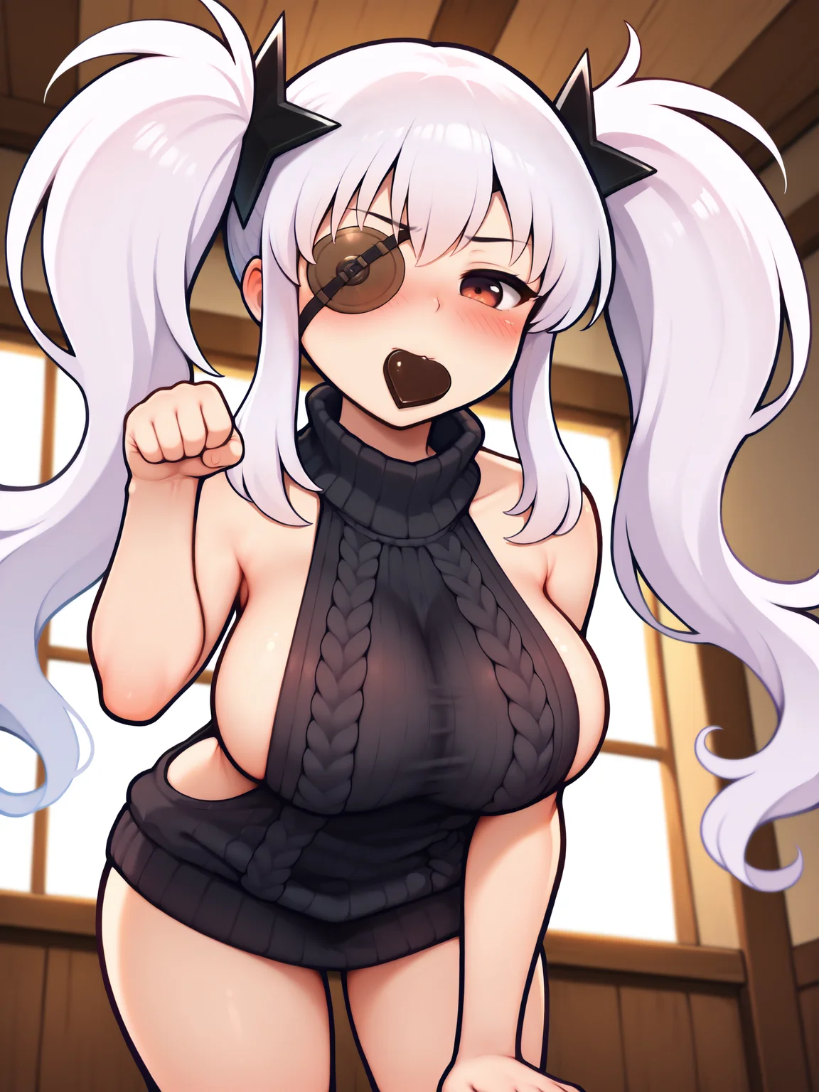 masterpiece, best quality, amazing quality, by asukaln
(solo:1.4), Yagyu_IL, eyepatch, white hair, long hair, twintails, shuriken hair clips, black hair clips, large breasts
virgin killer sweater, (blush:1.4), heart-shaped chocolate in mouth, paw pose, bent over, sideboob, (from below:0.7), indoors, dutch angle
<lora:Mystyle_SDXL_LoCon_DORA_v2:1>
<lora:SK_Yagyu_IL:0.8>