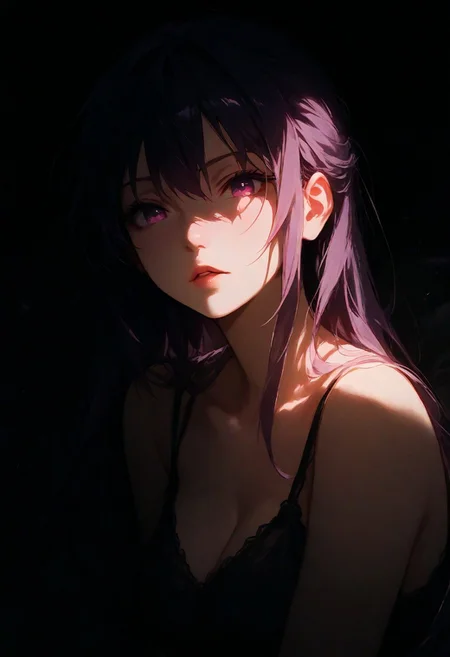 1girl,Rize Kamishiro, lips, thin lips, parted lips, solo, looking at viewer, camisole, upper body, dark, underlightling, masterpiece, best quality, very aesthetic