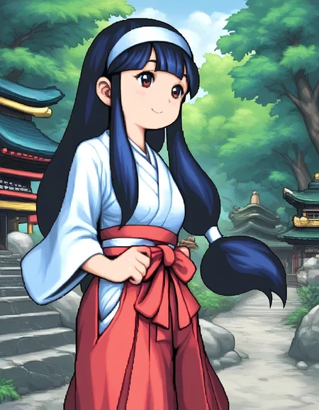 score_9, score_8_up, score_7_up, source_anime, rating_explicit, BREAK <lora:Sayo-chan_XL:1> sayo-chan, long hair, blue hair, hairband, white hairband, low-tied long hair, bangs,black hair, sidelocks, blunt bangs,
1girl, solo, japanese clothes, miko, smile, red hakama, hakama, skirt, bow, hakama skirt, brown eyes,
shrine, rope, tree, outdoors,