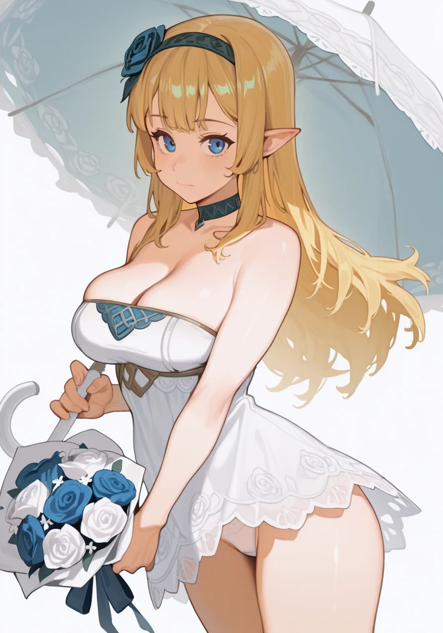 1girl, bare shoulders, blonde hair, blue eyes, blue flower, blue rose, bouquet, breasts, choker, cleavage, closed mouth, dress, flower, hair flower, hair ornament, hairband, holding, holding umbrella, large breasts, long hair, looking at viewer, official alternate costume, panties, pointy ears, rose, solo, strapless, strapless dress, umbrella, underwear, white background, white flower, white panties, white rose, BREAK character_concept, cowboy_shot, (dutch_angle:1.25), <lora:Maiz_IL_Style_epoch_7:1> M41z, painterly, <lora:illustrious_quality_modifiers_masterpieces_v1:1> masterpiece, very aesthetic, absurdres