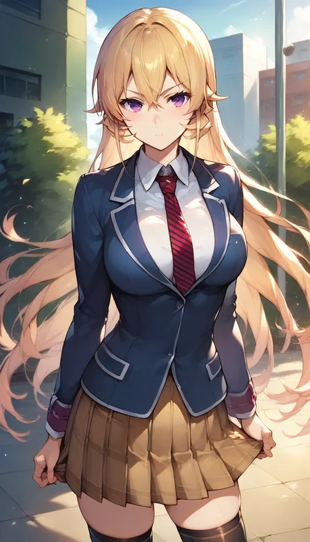 score_9,score_8_up,score_7_up,score_6_up,official art,outdoors,solo,standing,cowboy shot,looking at viewer,facing viewer,Nakiri Erina,very long hair,blonde hair,sidelocks,hair between eyes,parted bangs,purple eyes,school uniform,blue jacket,blazer,wing collar,red necktie,striped necktie,white shirt,collared shirt,long sleeves,large breasts,skindentation,miniskirt,brown skirt,plaid skirt,pleated skirt,black thighhighs,zettai ryouiki,loafers,<lora:Nakiri_Erina(fw)-Pony:1.6>,<lora:Anime Style LoRA XL>,