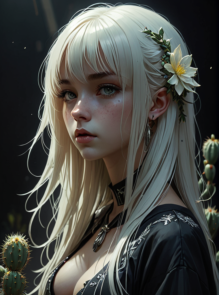 2D drawing, overhead shot, full body girl with long white hair and bangs, profile, (Anna Dittmann, Ilya Kuvshinov, Jeremy Mann) a large obsidian medallion, low head, hyper detailed eyes, cactus flower, dark shadows, very tall contrast, overhead light, dark background, gloomy atmosphere, manga style