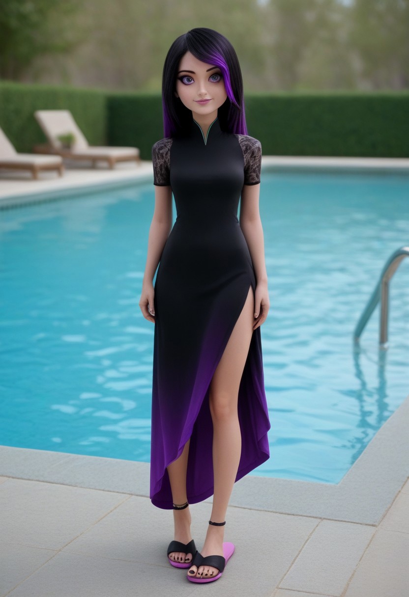 score_9, score_8_up, score_7_up, Expressiveh, full body,
1girl, swimming pool, 
imtdjulekac, purple hair, black hair, two tone hair, multicolored hair, violet eyes, makeup, lipstick, gradient hair, black nails, thin hips, thin legs, iridescent dress, full length dress, ankle length dress, split on side, glass slippers.
looking at viewer, friendly smile,