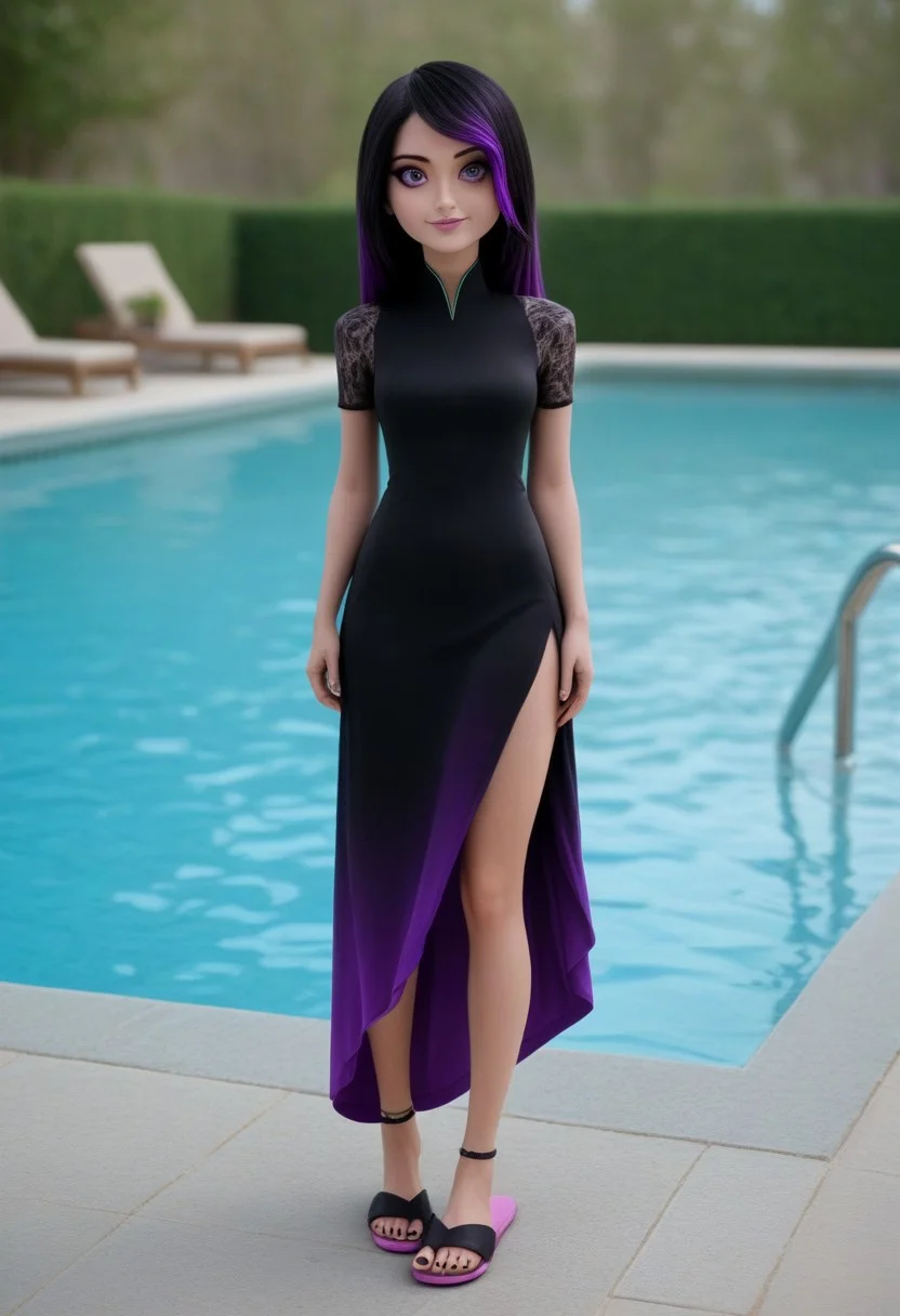 score_9, score_8_up, score_7_up, Expressiveh, full body,
1girl, swimming pool,
imtdjulekac, purple hair, black hair, two tone hair, multicolored hair, violet eyes, makeup, lipstick, gradient hair, black nails, thin hips, thin legs, iridescent dress, full length dress, ankle length dress, split on side, glass slippers.
looking at viewer, friendly smile,