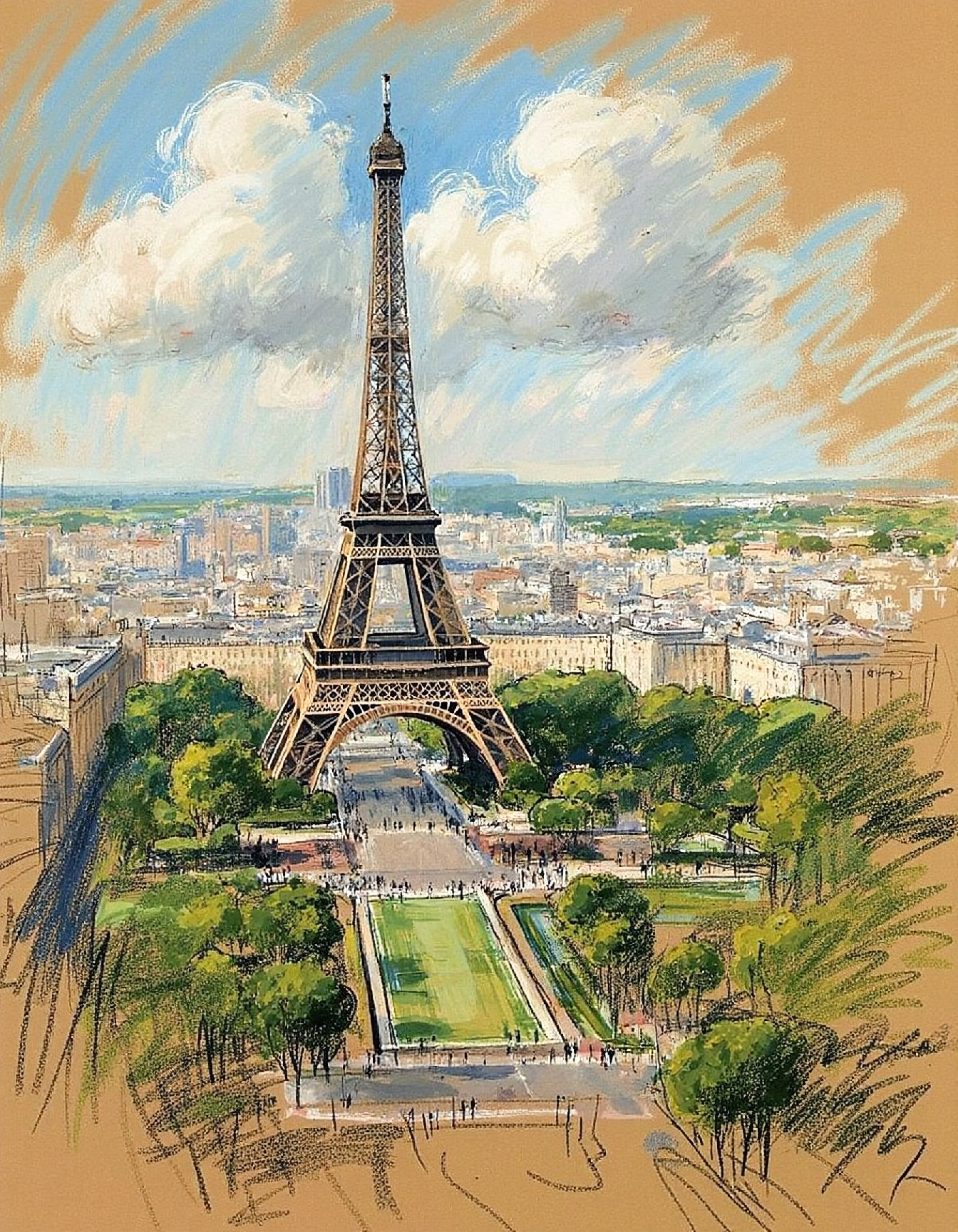 marycassatt2 drawing, view from above, eiffel tower in the center of a french city landscape
