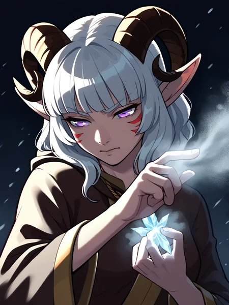 dark background, solo, close up,<lora:cryokinesis:0.8> ice_mist:1.2, breath, aura on hand:1.4,frost, spotlight, frost hands:1.4, cryokinesis, dust,
source_furry, score_7_up, rating_safe, gold necklace, tiefing, short pointed ears, brown horns, (a pair of brown sheep Horns that begin at her temples and curve back: 1.5), bangs, long silver hair long wavy hair, pale skin, <lora:whisker_markings:0.8>red whisker_markings ,short pointy ears, purple eyes, <lora:age_slider_v4:0.6> medium breasts, skinny female, silver hair, <lora:Tieflingnew weird fantasyDND:0.3> Tiefling, pointed ears, horns, half-closed eyes<lora:Smooth Style 2 SDXL_LoRA_Pony Diffusion V6 XL:0.4> bell, robe, hood off
, fighting stance ,
