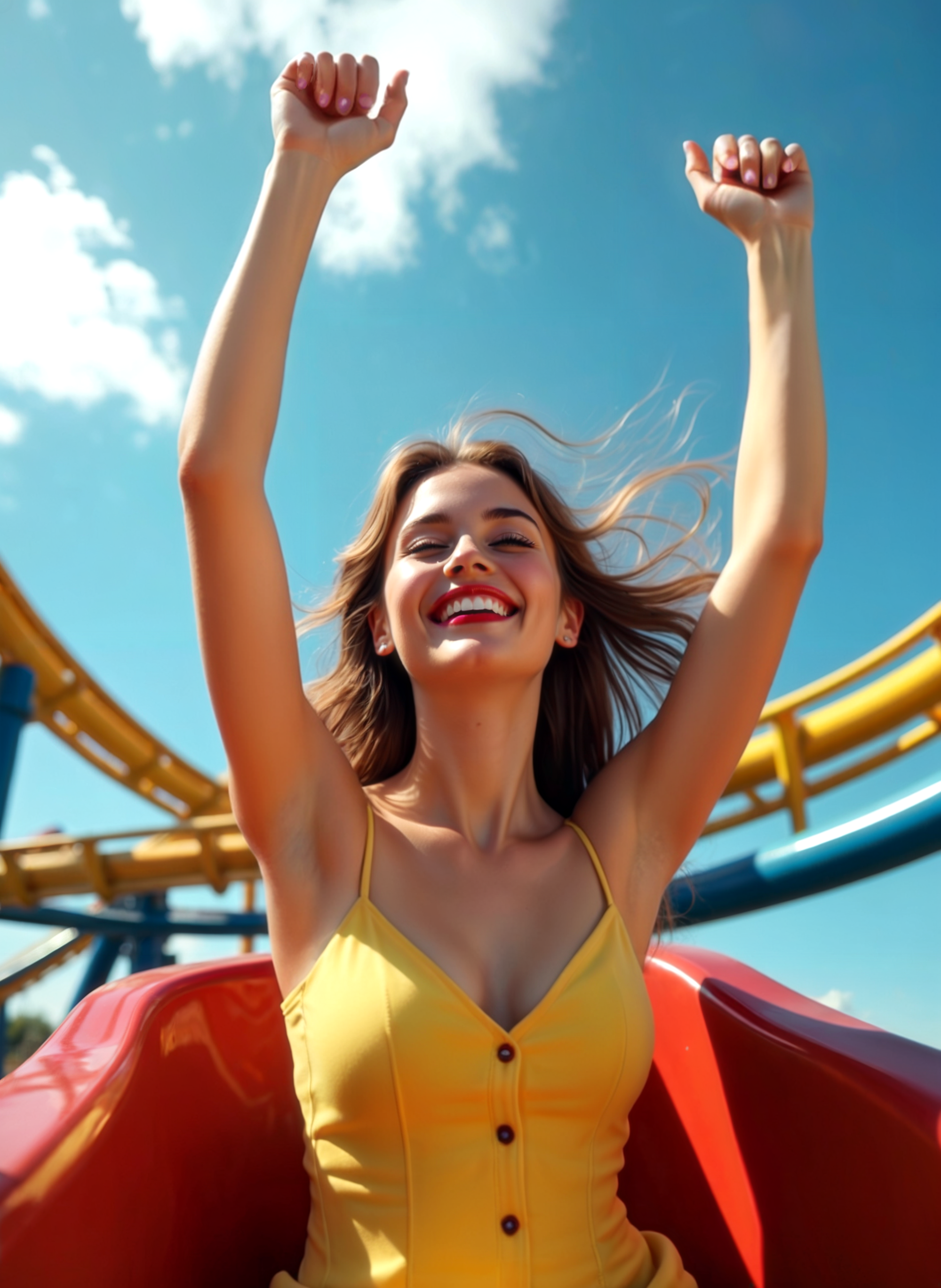Photograph of a young woman with long blonde hair, wearing a white tank top, sitting on a roller coaster with her arms raised in the air. She has a big smile on her face and appears to be enjoying the ride. In the background, there are other people on the roller coaster, also enjoying the scenery. The sky is blue with a few clouds and the sun is shining brightly. The overall mood of the image is joyful and carefree. <lora:add-detail-xl:.5>  <lora:Flux-style-xl-lora:.5>