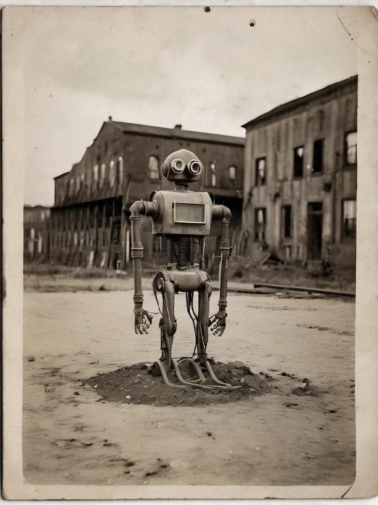 Portrait photo of a sad lamenting robot made of plastic pipes, dirt water, oil, maintenance, in an old rusty factory <lora:rppc:1>