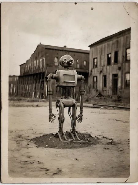 Portrait photo of a sad lamenting robot made of plastic pipes, dirt water, oil, maintenance, in an old rusty factory <lora:rppc:1>
