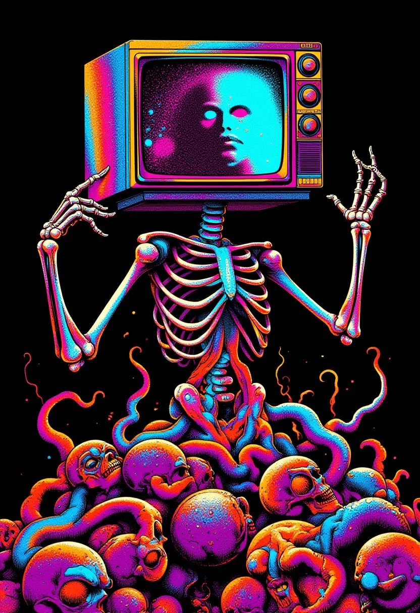 80s retro fantasy art, bo-psychedelic, a digitally created, psychadelic image featuring a surreal scene. The central subject is a psychadelic skeletal figure with a large, rectangular, old-fashioned CRT television for a head. The television screen is filled with a glitchy witch portrait , The figure's body is skeletal, with exposed bones and tendons, and it stands on a tangled mass of human-like, root-like appendages that are intertwined with numerous human skulls. The skulls are arranged in a chaotic, organic pattern, some resting on the ground, others embedded in the root-like structures. The skeletal figure's arms are elongated and skeletal, with fingers that are also skeletal, extending outward. The background emphasizes the stark contrast and making the detailed textures of the figure's body and the skulls more pronounced. The image combines elements of horror and psychedelic surrealism, creating a haunting and unsettling atmosphere. The overall style is highly vibrant and full of abstract colors, with a focus on the intricate textures and shapes of the skeletal structure and the organic, twisting roots.