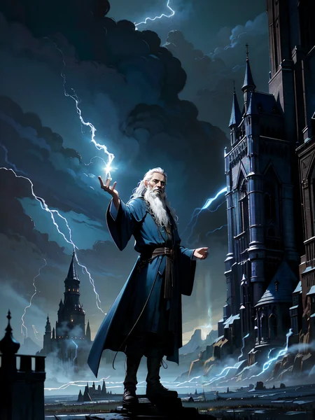 full body low view shot of (one) brittish old man, wizard, (casting blue lightning magic:1.3), (night), wizard (robes), long white beard, long white hair, grasslands, castles, dark clouds, night sky,
detailed, intricate, (detailed fantasy background), 
((fantasy art style)), (oil painting style:1.4), (photorealistic:1.5), (best quality, hi-res, masterpiece:1.4), good anatomy, good composition, good proportions, good design, good pose, dynamic pose, realistic background, realistic sky, cinematic, cinematic camera angle, dark fantasy illustration, detailed, intricate, (perfect lighting, perfect shading), dreamlike diffuse ethereal lighting, subsurface scattering, photorealistic, solo, (mature adult:1.5)
<lora:add_detail:0.15> <lora:fantasyV1.1:0.25> <lora:muscle_slider_v1:-1.5>  <lora:epi_noiseoffset2:.3>