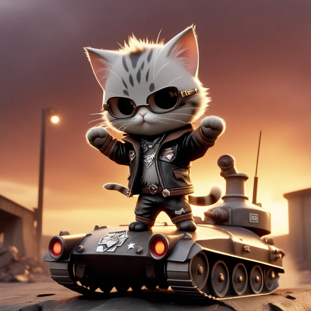 analog film photo <lora:Meowpocalypse:1> meowpocalypse, A chibi cat wearing a tattered leather jacket and spiked shoulder pads stands atop a rusty tank, waving a tiny flag with a fishbone emblem. The background features a reddish sky filled with ominous clouds and a half-collapsed overpass. A low-angle close-up captures the catâs dramatic pose, with dust particles floating in the air. Warm, diffused lighting creates an epic yet comedic vibe. . faded film, desaturated, 35mm photo, grainy, vignette, vintage, Kodachrome, Lomography, stained, highly detailed, found footage